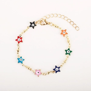 Golden chain bracelet with colorful star-shaped evil eye charms and lobster clasp closure