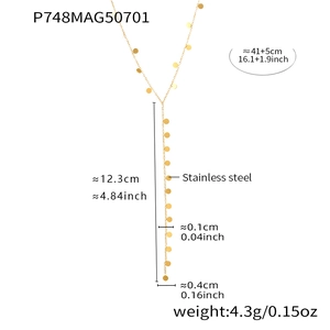 Detailed dimensions of 18K gold plated stainless steel Y-shaped necklace with tassels