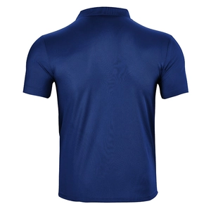Detailed back view of a dark blue quick-dry polo shirt with breathable mesh texture