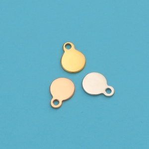 Polished stainless steel round pendant tags in gold, rose gold, and silver finishes