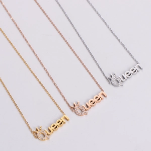 Elegant Queen crown pendant necklace in gold, rose gold, and silver finishes with white zircons