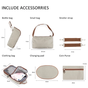 7-piece diaper bag accessories set with dimensions for stroller straps and bottle pouch