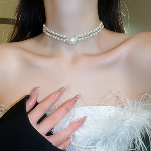 Collier double rang de perles vintage français avec pendentif cœur baroque et strass
