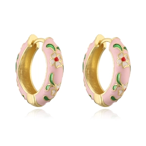Vintage 18K gold plated hoop earrings with pink floral enamel and white flower patterns