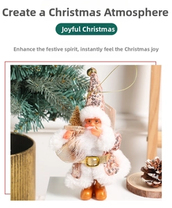 Detail of sequined Santa gnome ornament with gold belt and mini tree for Christmas decor