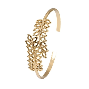 Fashion gold stainless steel hollow double leaf open bangle bracelet for women