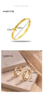 Detail of gold-plated bangle and diamond-encrusted hoop earrings with size specifications