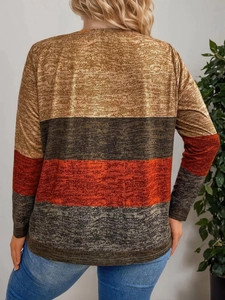 Women's color block striped knit sweater featuring autumn tones and long sleeves
