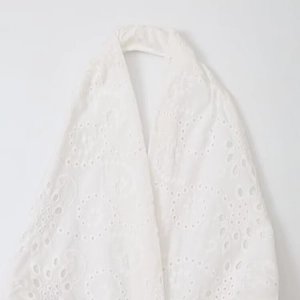 White hollow embroidery halter neck dress with sexy backless design and lace details