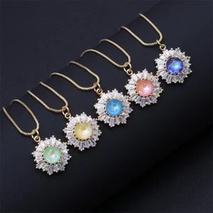 Sunflower Pendant Necklace Gold Plated Copper With Micro Inlaid Zircon Round Sun Flower Design Box Chain Elegant For Women