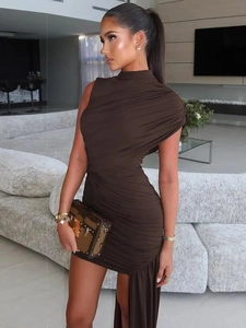 Coffee brown one-shoulder ruched bodycon dress with asymmetrical hem in modern interior