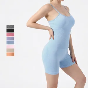 Women Seamless Yoga Romper Jumpsuit Ribbed Spaghetti Strap Bodycon Athletic Fitness Bodysuit With Removable Pads