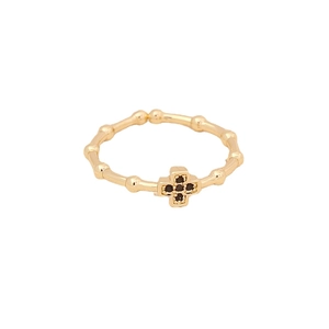 Golden bamboo joint ring featuring a minimalist black zircon inlaid cross pendant
