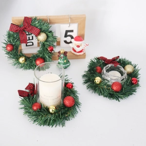 Mini Christmas wreath with red plaid bow and gold ornaments for holiday home decoration