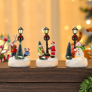 Christmas Luminous Resin Miniature Ornament LED Light Street Lamp Santa Claus Snowman Figurine Holiday Desktop Decoration Gift