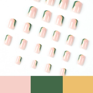 French green patchwork press-on nails set with gold waves and 24 square fake nail pieces
