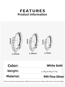 Detailed size guide for S999 silver huggie earrings in 6mm, 8mm, and 10mm sizes