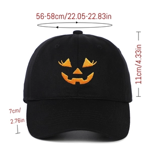 Halloween pumpkin embroidery cotton baseball cap with dimension details and measurements