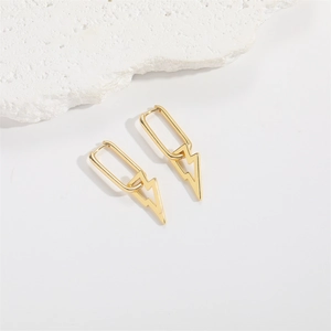 Elegant gold lightning bolt drop earrings featuring rectangular hoops on a stone base