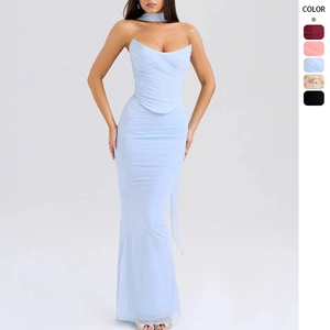Haut Bandeau Plissé Et Jupe Crayon Moulante Élégante En Maille Épaules Dénudées Taille Haute Streetwear Pour Femmes Avec Choker Assorti
