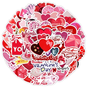 Close-up of waterproof Valentine's Day stickers with heart shapes and festive messages