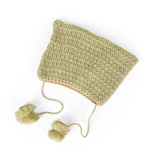 Cute striped handmade knit cat ear hat with pom-poms in sage green and cream white