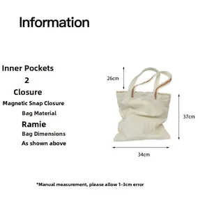 Detailed dimensions of ramie tote bag with flower embroidery and magnetic closure