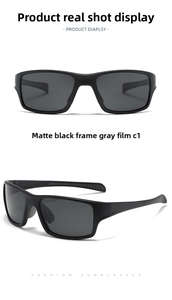 Detailed views of matte black sports sunglasses with grey polarized lenses and non-slip arms