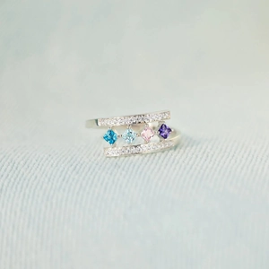 S925 sterling silver ring featuring square multi-color zircons and side pave diamonds