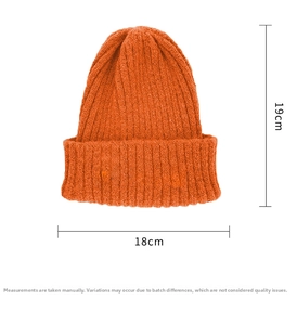 Detailed dimensions of orange ribbed knit beanie showing 18cm width and 19cm height