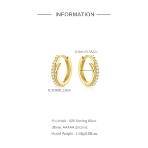 Detail view of 925 silver gold hoop earrings with zircon stones and size specifications
