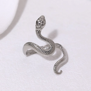Macro shot of silver snake ring detail with intricate scale texture and adjustable band