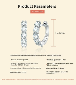 Detail showing S925 sterling silver moissanite earrings with 16.1mm size and D color stone