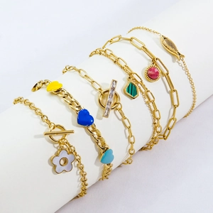 Chic gold stainless steel bracelets with enamel hearts and natural stone charms set
