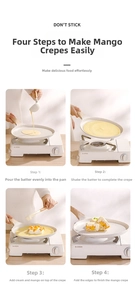 Cooking tutorial showing four steps of making pancakes in a white non-stick flat pan