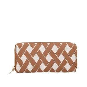 Brown and white woven pattern long wallet with gold zipper and multi-card capacity