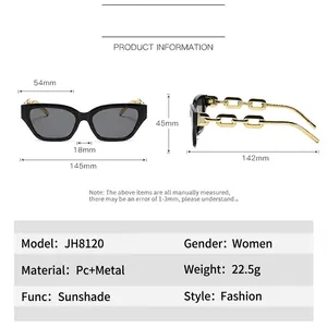 Fashionable black cat-eye sunglasses with gold chain temples and detailed size measurements