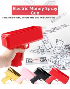 Electric money gun shooter shown in red, gold, pink and black for party celebrations