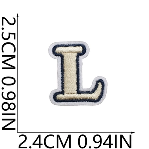 Detail view of mini embroidered letter L patch with dimensions 2.5x2.4cm on white background