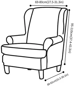 Size guide for wingback chair cover showing dimensions for height width and depth