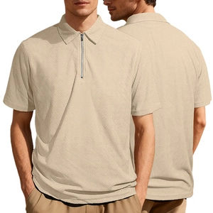 Detail view showing front and back of waffle knit polo shirt with zipper placket