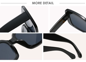 Detail view of square sunglasses hinge, nose pads, and glossy black frame craftsmanship