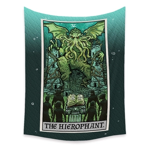 Macro shot of The Hierophant tarot tapestry with Cthulhu art and diamond woven texture