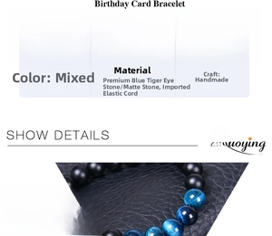 Détails du bracelet en perles d'Oeil de Tigre Bleu 8mm et pierre mate avec cordon