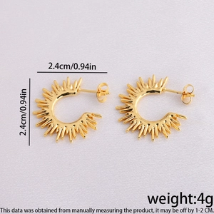 Detailed view of gold sun-shaped stainless steel earrings with 2.4cm size measurement