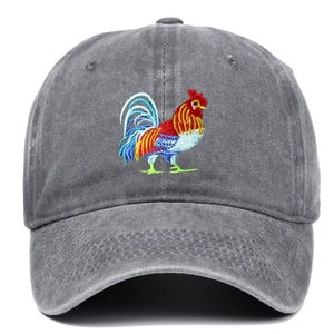 Distressed dark grey washed cotton baseball cap with colorful rooster embroidery detail