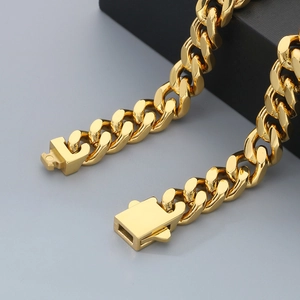 Polished gold stainless steel Cuban link chain necklace with secure clasp for men