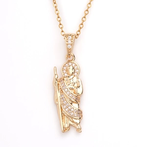 Gold-plated religious saint pendant necklace with white zircon micro-inlay accents