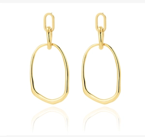 Polished gold geometric tiered long earrings with sleek oval link chain design on white