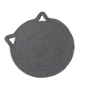 Grey cat-shaped woven cotton coaster heat-resistant placemat with hanging loop design